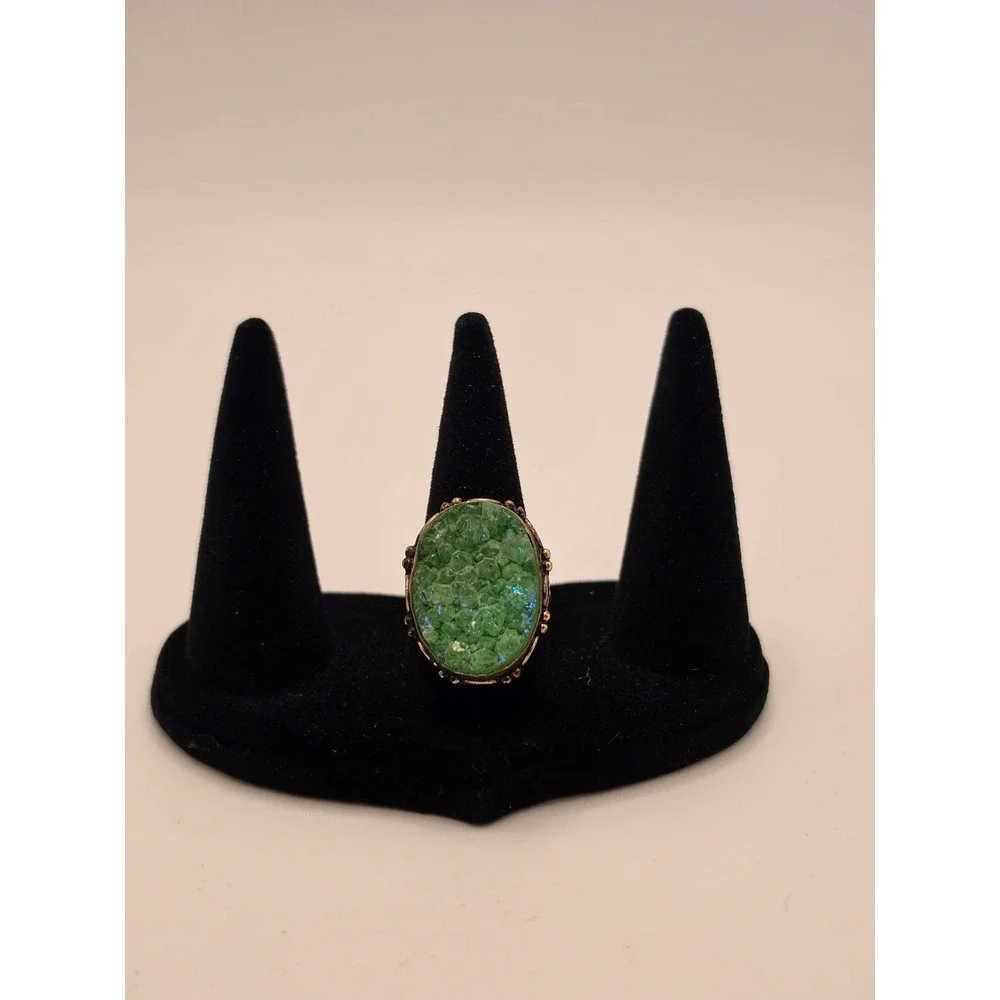 Vintage Style Green Druzy Statement Ring 925‎ Sterling Silver Size 7.5